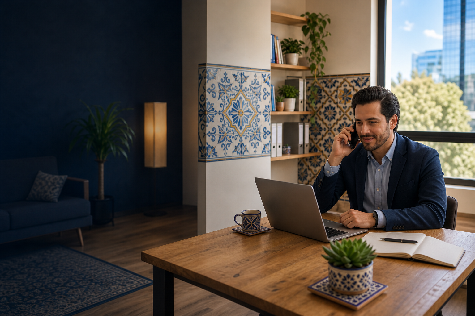 Consultor de Axius en la oficina hablando por teléfono con un cliente