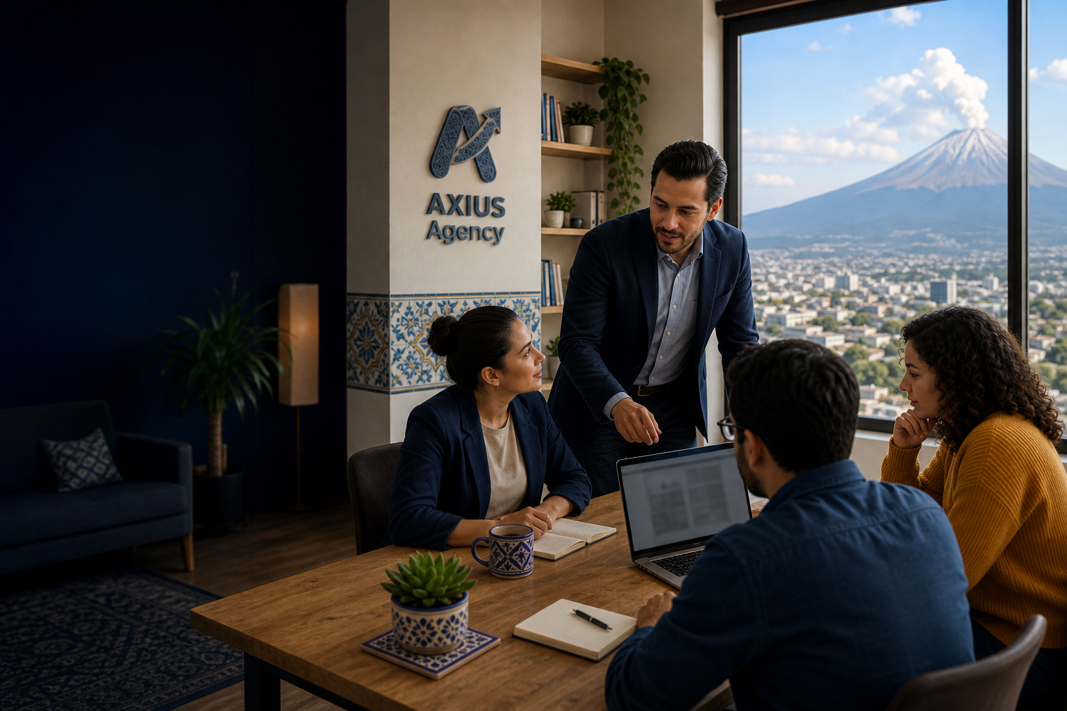 Equipo Axius en la oficina de Puebla con el Popocatépetl al fondo