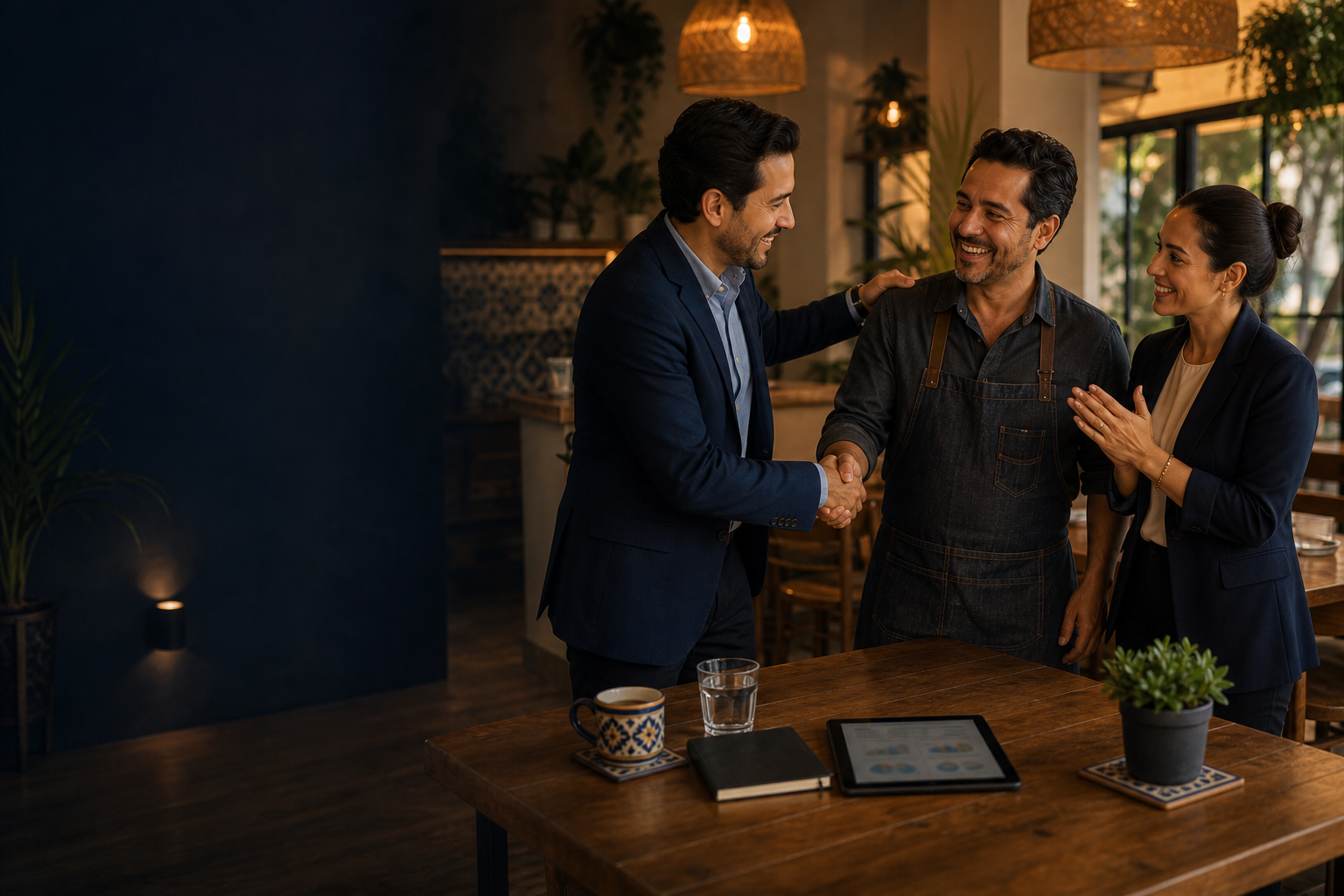 Equipo Axius felicitando a un dueño de restaurante al culminar con éxito su proyecto