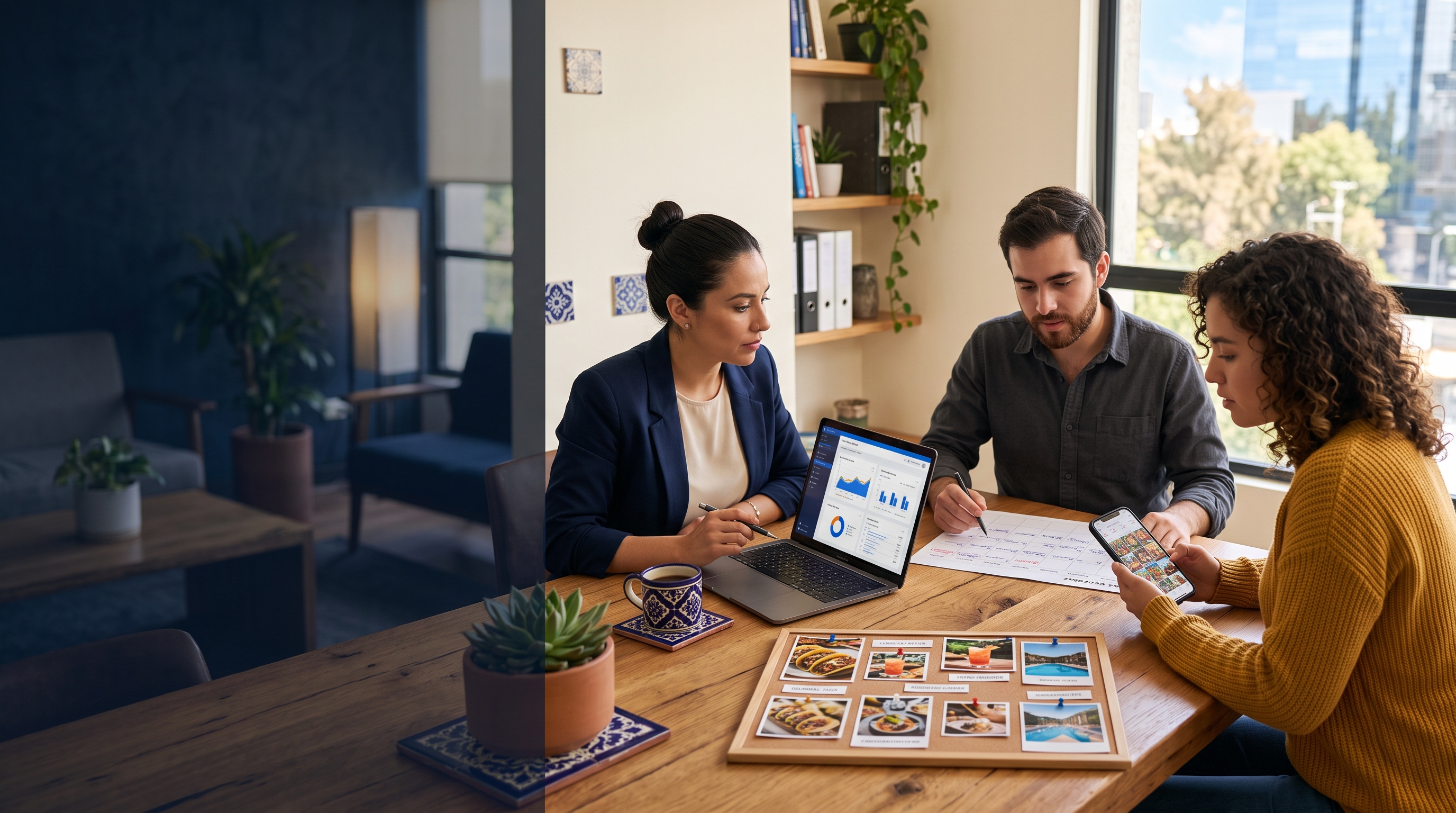 Equipo de Axius planificando marketing con el dueño de un negocio